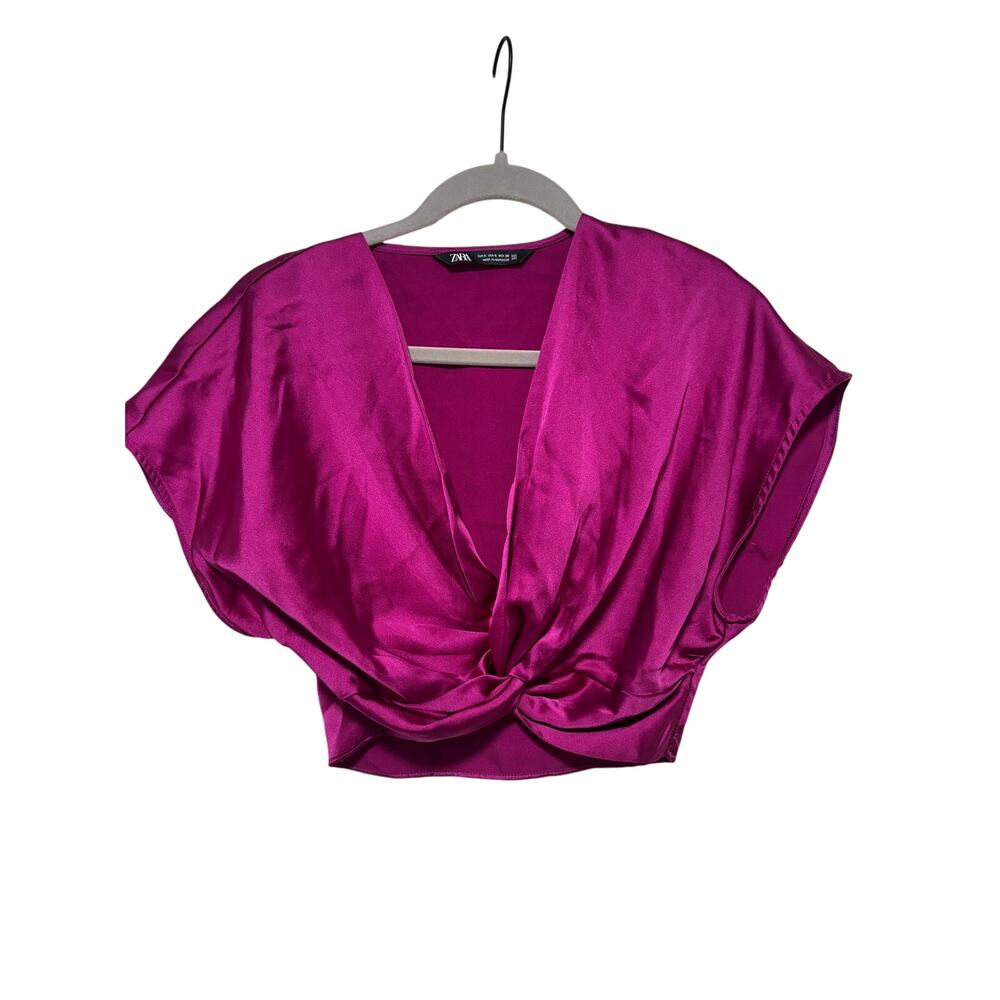 ZARA Magenta Satin Twist Front Crop Top S - Picture 3 of 8